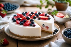 Torta fredda allo yogurt senza gelatina tagliata a fetta su piatto bianco, con base di biscotti croccante e crema compatta guarnita di frutti di bosco freschi
