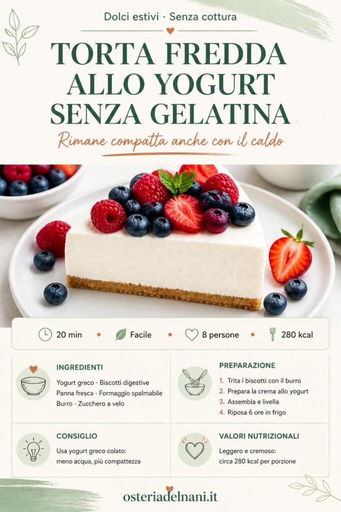 Torta fredda allo yogurt senza gelatina con base di biscotti e frutti di bosco, vista dall'alto